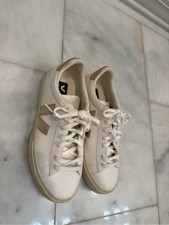 Veja Shoes - Veja White Leather Campo Sneakers with Gold V Logo.